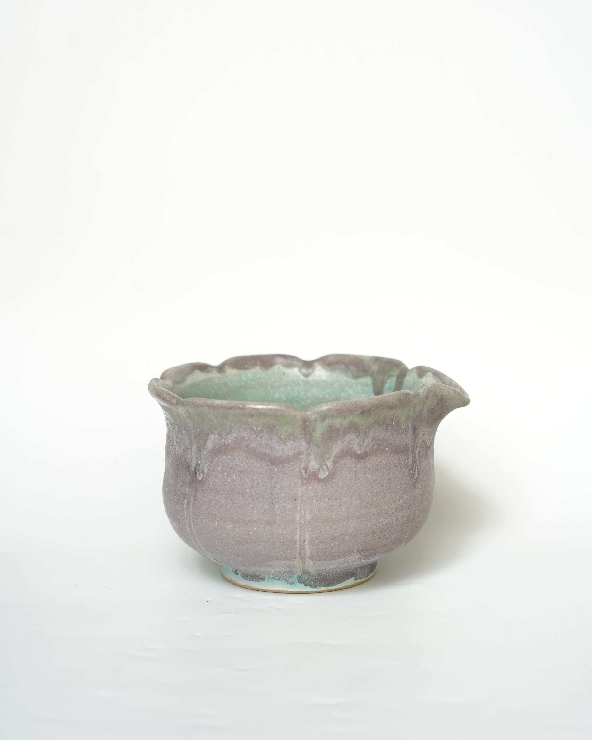 Our special Hanabira katakuchi, featuring a textured lavender-purple exterior glaze and a light green interior glaze